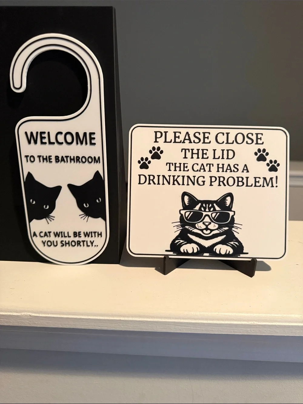 Black Cat Door Hanger & Sign Set - Cute Cat Bathroom Decor